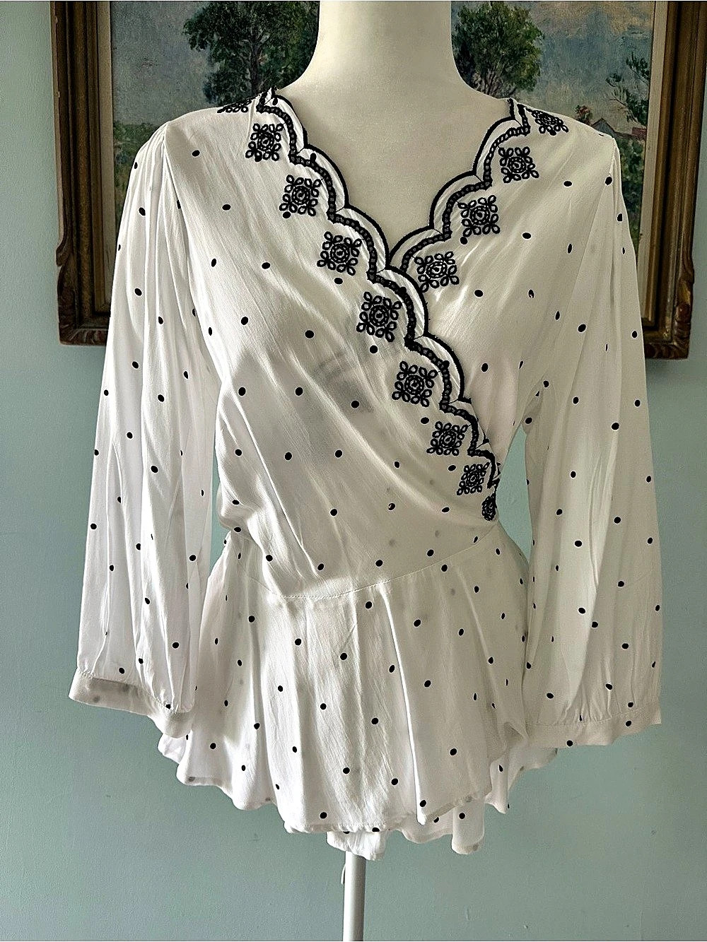 LOFT Polka Dot Embroidered Scallop Wrap Peplum Blouse White & Black Medium